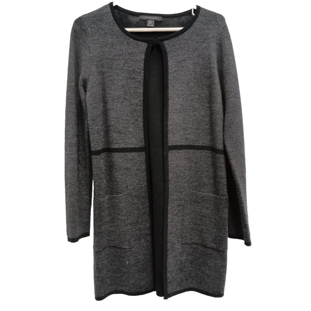 Tahari Womens Wool‎ Blend Cardigan Small Gray Long Line Open Timeless